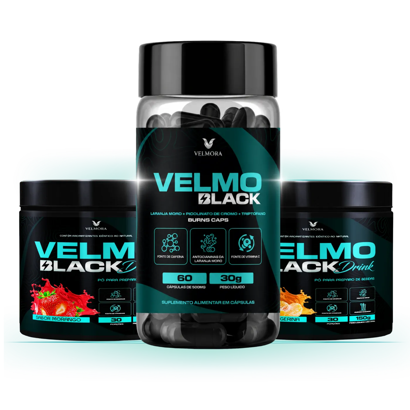 Linha completa VELMO BLACK: cápsulas e drinks funcionais de morango e tangerina